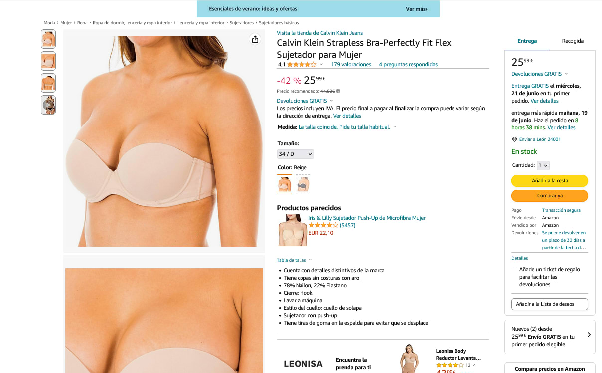 Sujetador Calvin Klein Strapless Bra-Perfectly Fit Flex Mujer por 25,99€