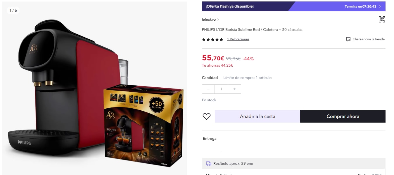 Cafetera L'Or Barista + 50 cápsulas por solo 44,90€ en Miravia