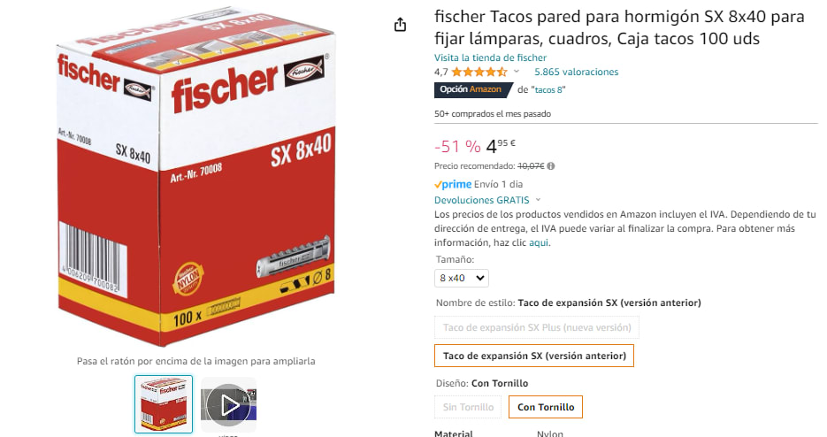 Tacos Fischer para hormigón SX 8x40 (Caja de 100 uds) - 4.95€ - Descuento  del 33% - Blog de Chollos