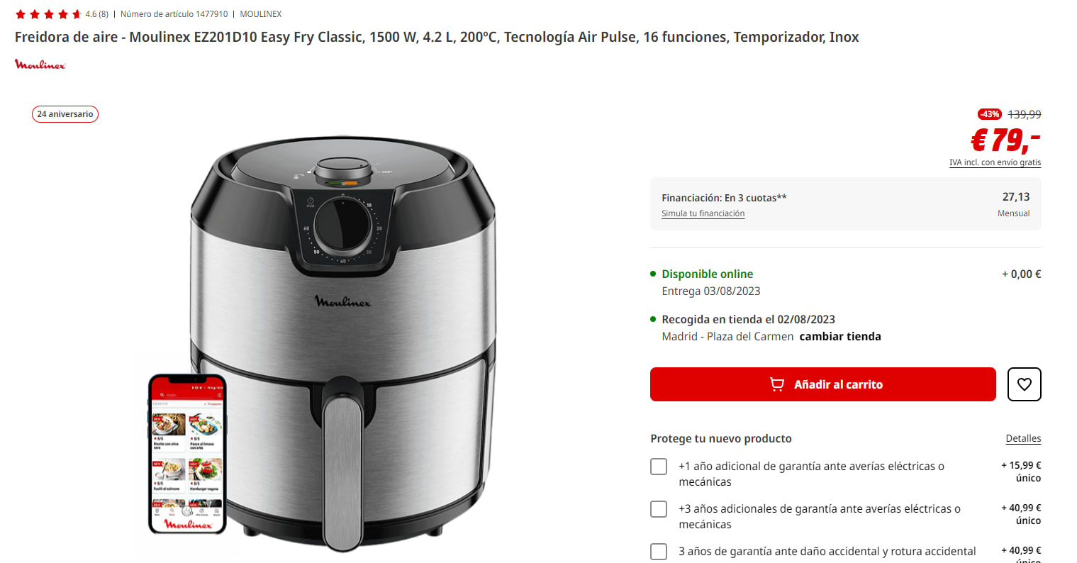 Freidora de aire  Moulinex EZ201D10 Easy Fry Classic, 1500 W, 4.2 L,  200ºC, Tecnología Air Pulse, 16 funciones, Temporizador, Inox