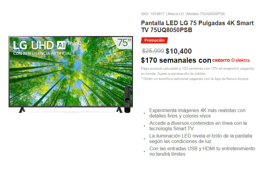 Pantalla LG 75 pulgadas 4K UHD 75UQ8050PSB