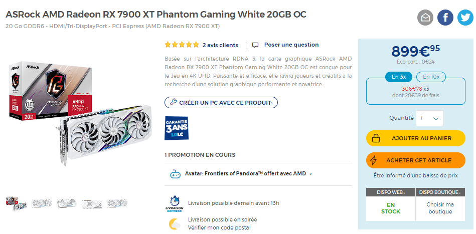 ASRock AMD Radeon RX 7900 XT Phantom Gaming White 20GB OC - Carte graphique  - Garantie 3 ans LDLC