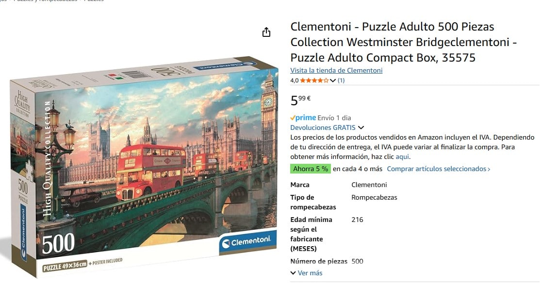 Puzzle marca Clementoni Puente de Westminster, Londres de 500 piezas