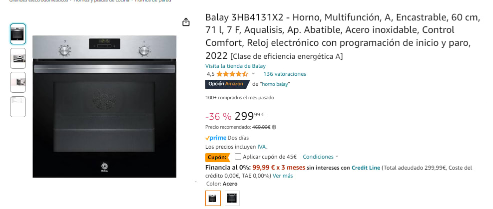 Balay 3HB4131X2 - Horno, Multifunción, A, Encastrable, 60 cm, 71 l, 7 F,  Aqualisis, Ap. Abatible, Acero inoxidable, Control Comfort, Reloj  electrónico con programación de inicio y paro, 2022 : : Grandes  electrodomésticos