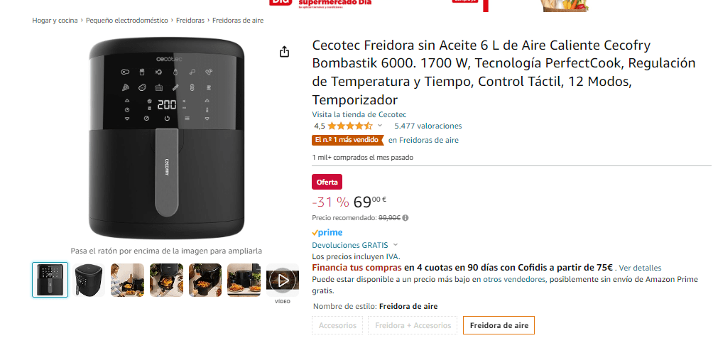 Cecotec Freidora sin Aceite 6 L de Aire Caliente con Accesorios Cecofry  Bombastik 6000 Full, 1700 W, Tecnología PerfectCook, Regulación de  Temperatura y Tiempo, Control Táctil, 12 Modos : : Hogar y cocina