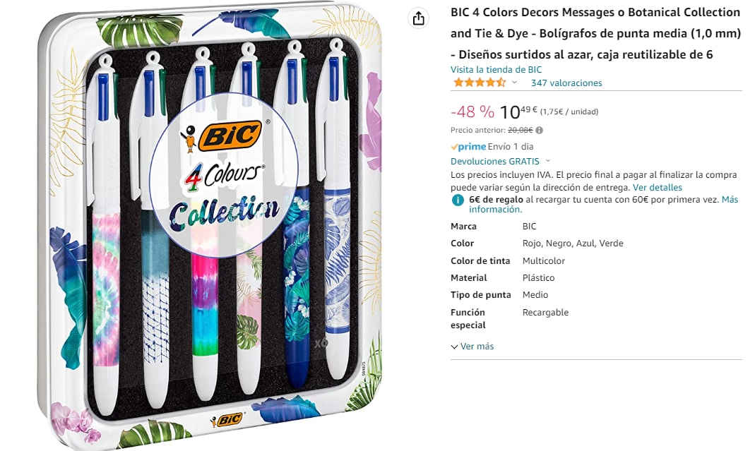 Caja metálica con 4 bolígrafos BIC 4 Colores de Punta Media (1.0 mm)