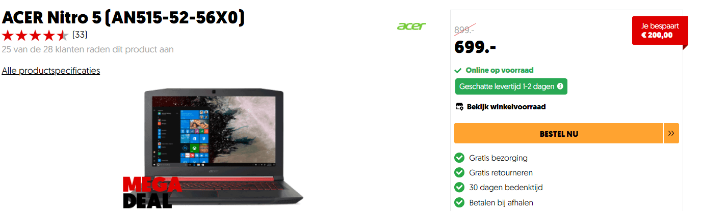 Acer Nitro 5 AN515-52-56X0 Aanbieding - 15.6' Gaming Laptop voor €699 Aanbiedingen Enlarged image