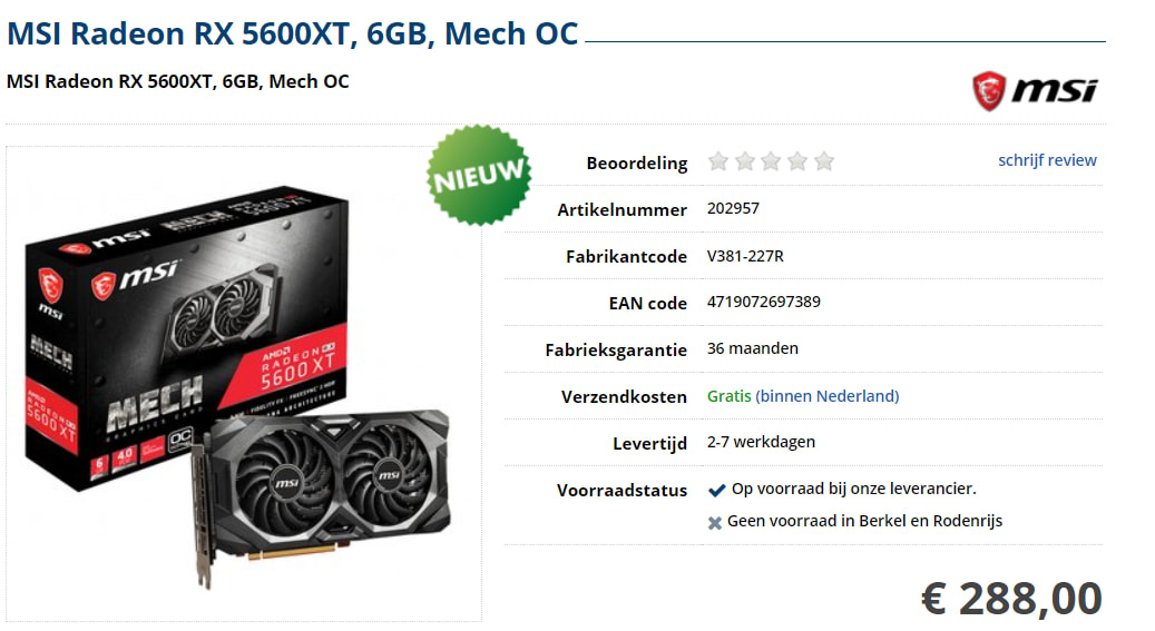 MSI Radeon RX 5600XT 6GB Videokaart voor €288 Aanbiedingen Enlarged image