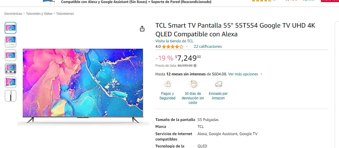 Pantalla TCL 55 Pulgadas QLED GOOGLE TV 55T554