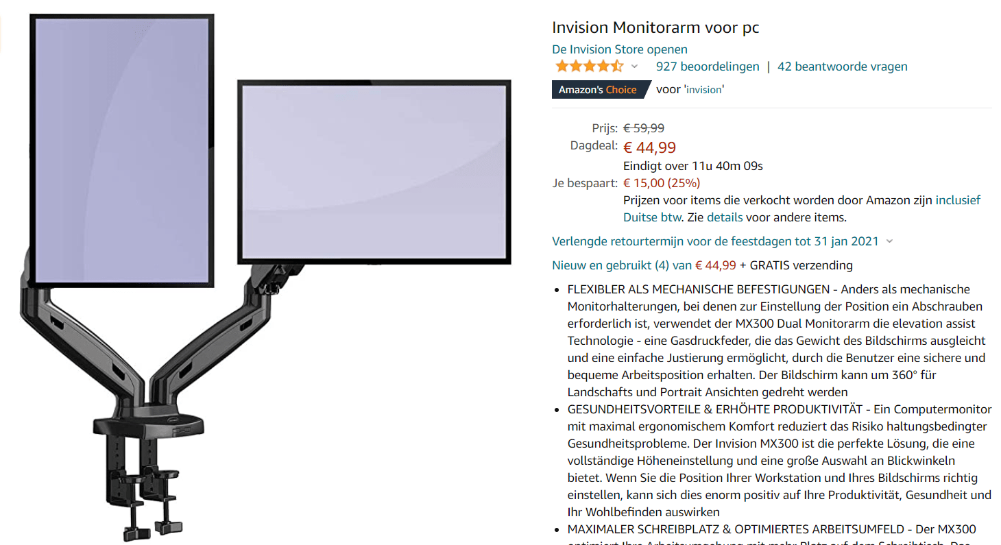 Invision Flexibele Dubbele Monitor Arm voor €44,99 Aanbiedingen Enlarged image