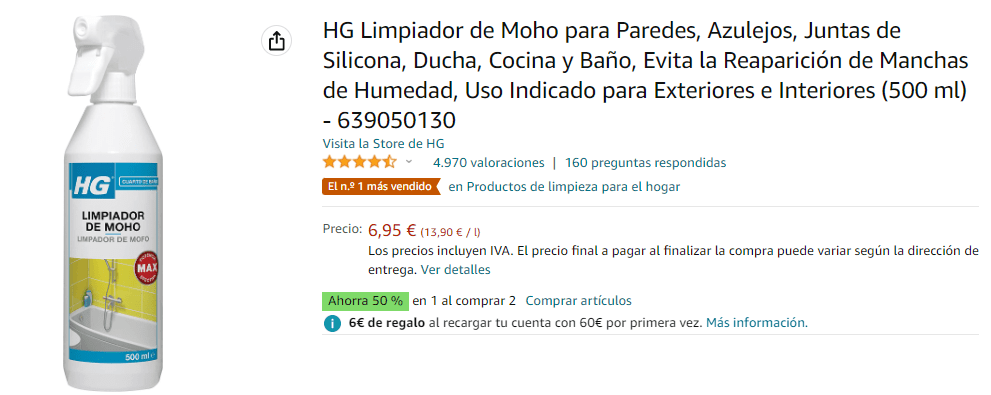 Pack 2 HG Limpiador de Moho para Interiores o Exteriores de 500ml por 10.42€