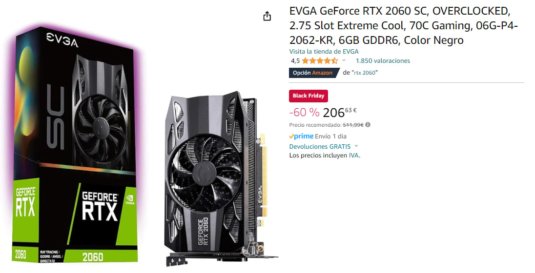 Tarjeta gráfica EVGA GeForce RTX 2060 SC, OVERCLOCKED, por 206.63€