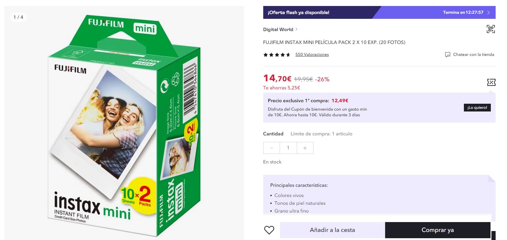 Papel fotográfico Fujifilm instax mini 20 hojas por 14,70€ (7,35