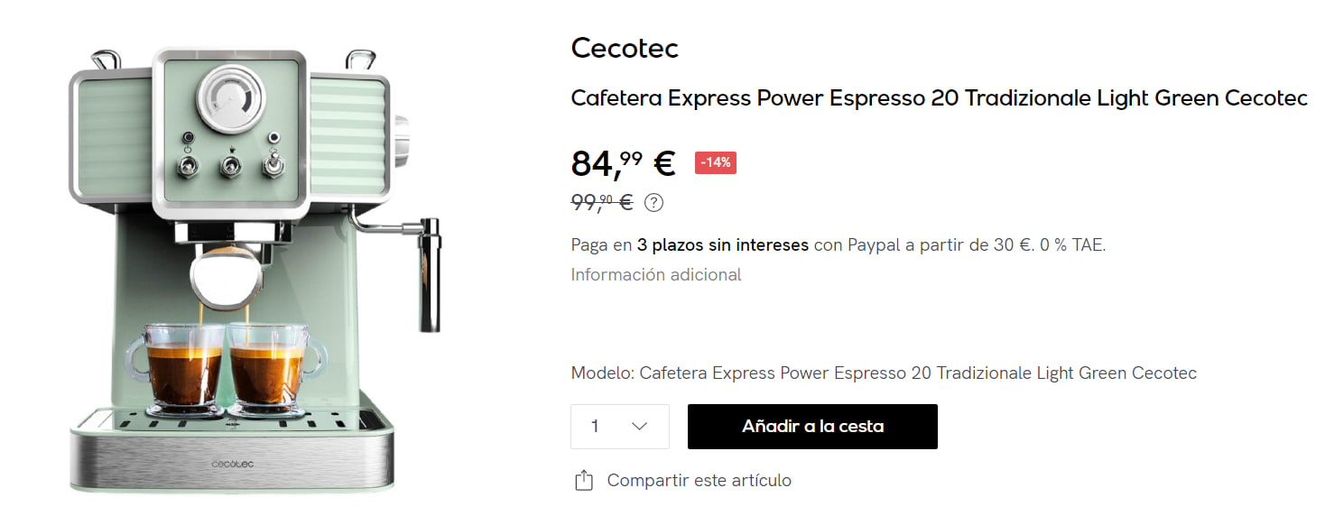 Cecotec Cafetera Express Power Espresso 20 Tradizionale Light