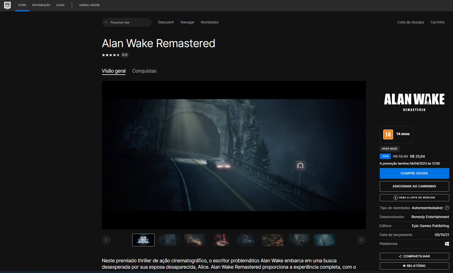 Jogo: Alan Wake Remastered para PC na Epic Games - R$ 25,64