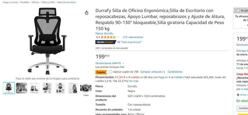 Durrafy Silla de Oficina Ergonómic por 129,99€