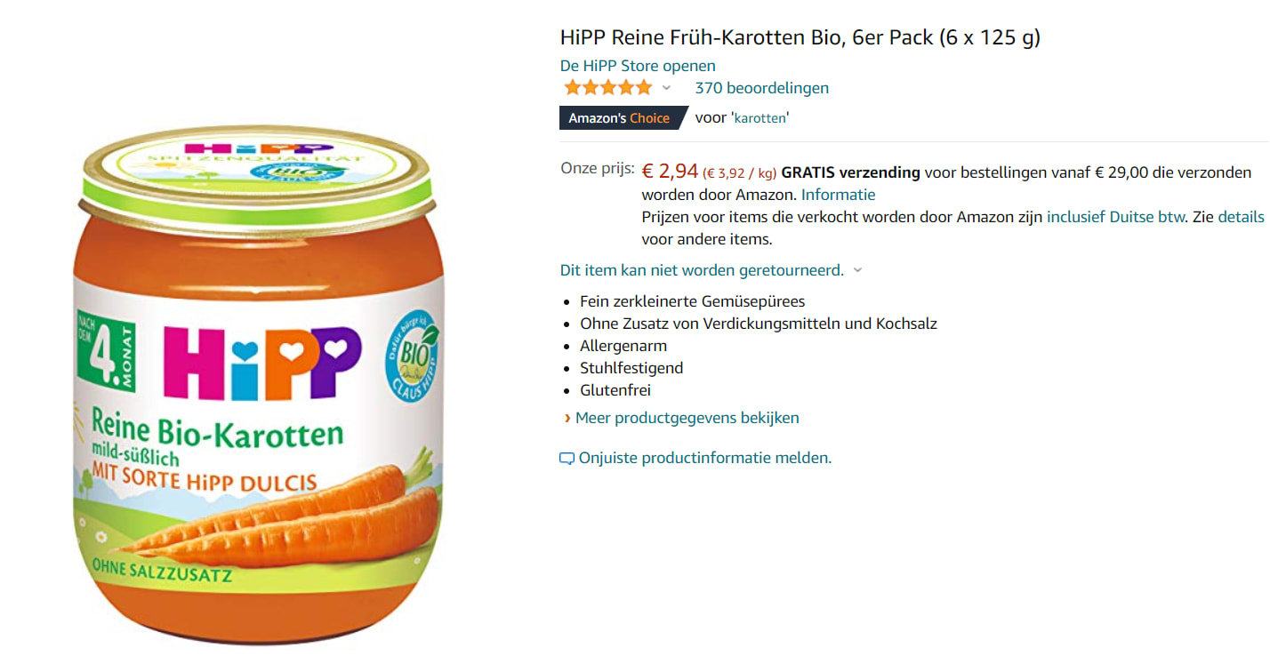 6x Hipp babyvoeding 4 maanden wortel of pastinaak voor €2,94 Aanbiedingen Enlarged image