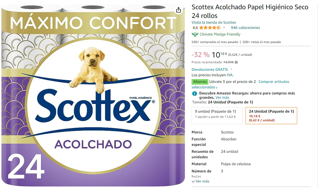 SCOTTEX Papel higiénico acolchado de 9 unidades