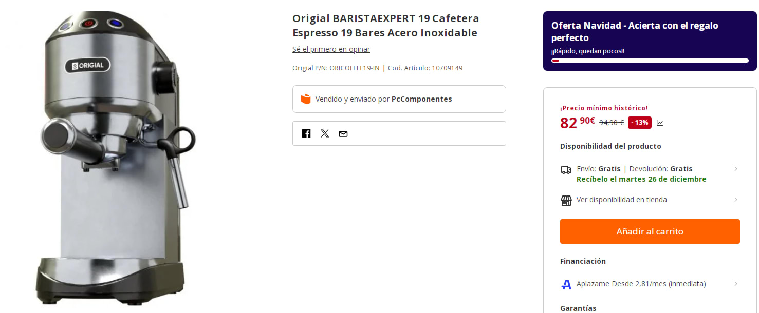 Origial BARISTAEXPERT 19 Cafetera Espresso 19 Bares Acero Inoxidable