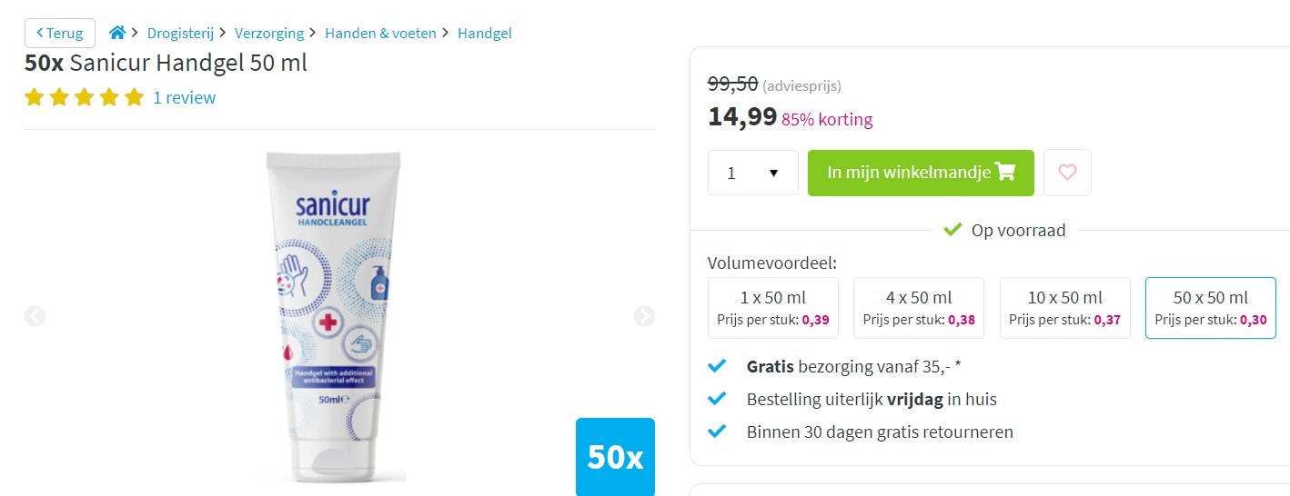 50x Sanicur Handgel 50 ml voor €14,99 Aanbiedingen Enlarged image