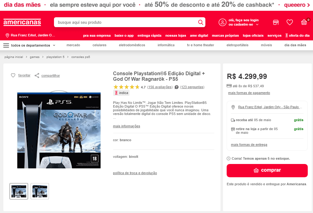 Console PlayStation 5 + God Of War Ragnarok em Promoção na Americanas