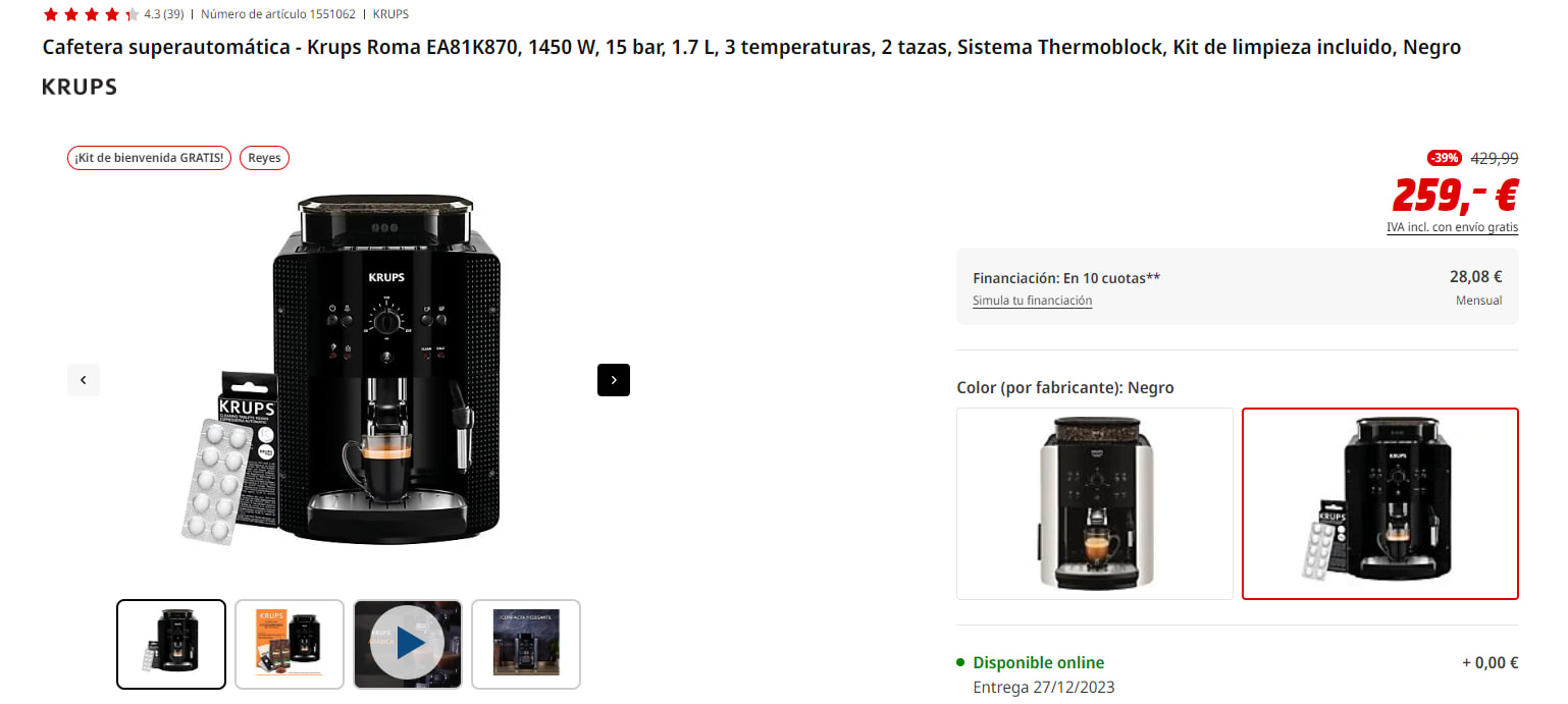 Cafetera superautomática Krups Roma EA81K870, 1450 W, 15 bar, 1.7 L + Kit  Limpieza por 249