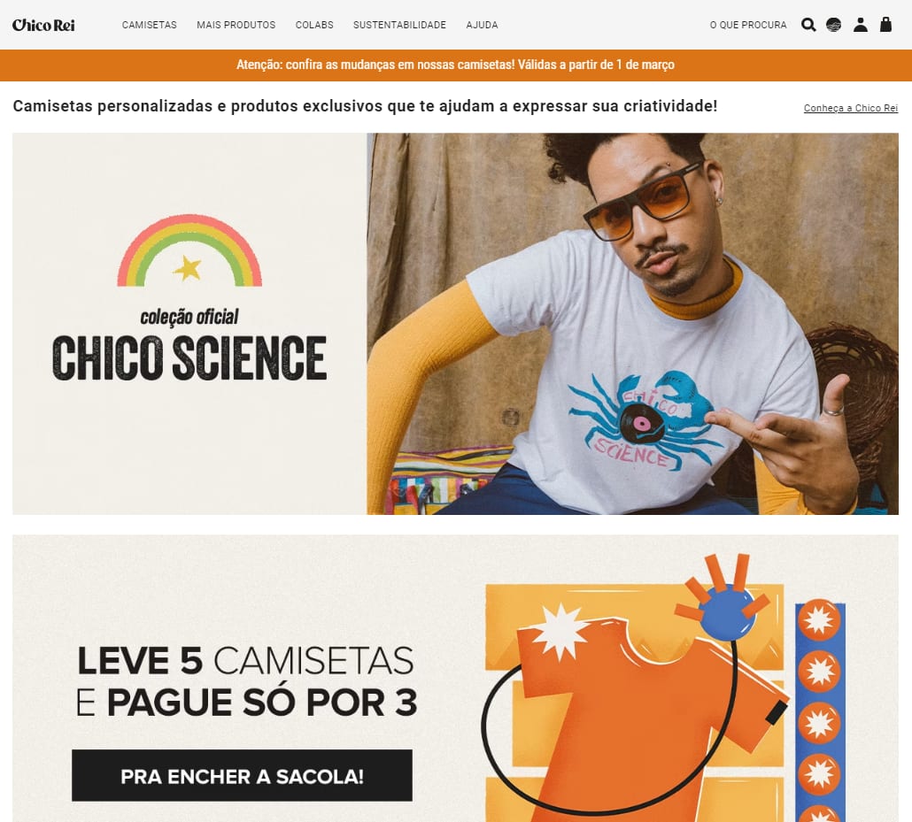 Todas as camisetas no site da Chico Rei estão por R$ 39,90