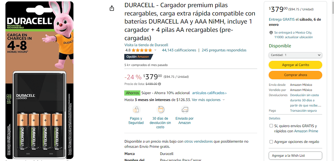 DURACELL - Cargador premium pilas recargables, carga extra rápida  compatible con baterías DURACELL AA y AAA NiMH, incluye 1 cargador + 4  pilas AA