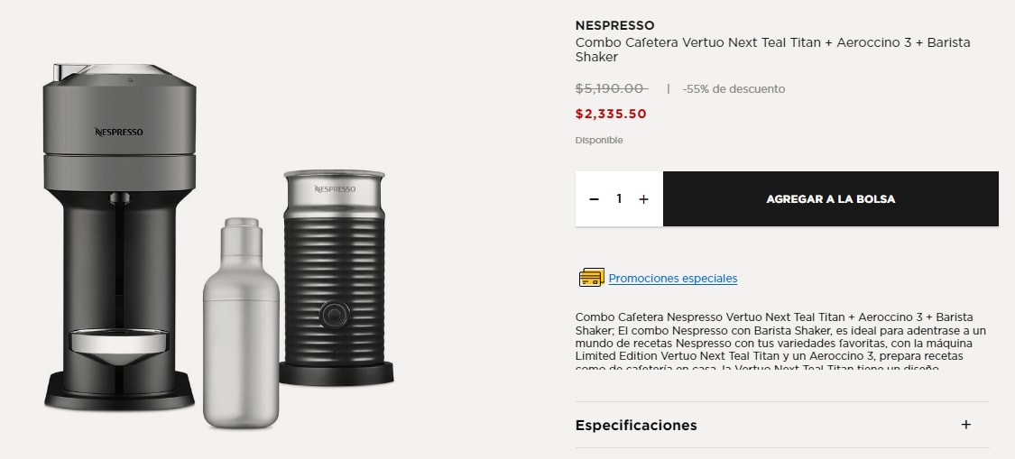 Nespresso Combo Cafetera Vertuo Next y Aeroccino3 Negra - El Palacio de  Hierro