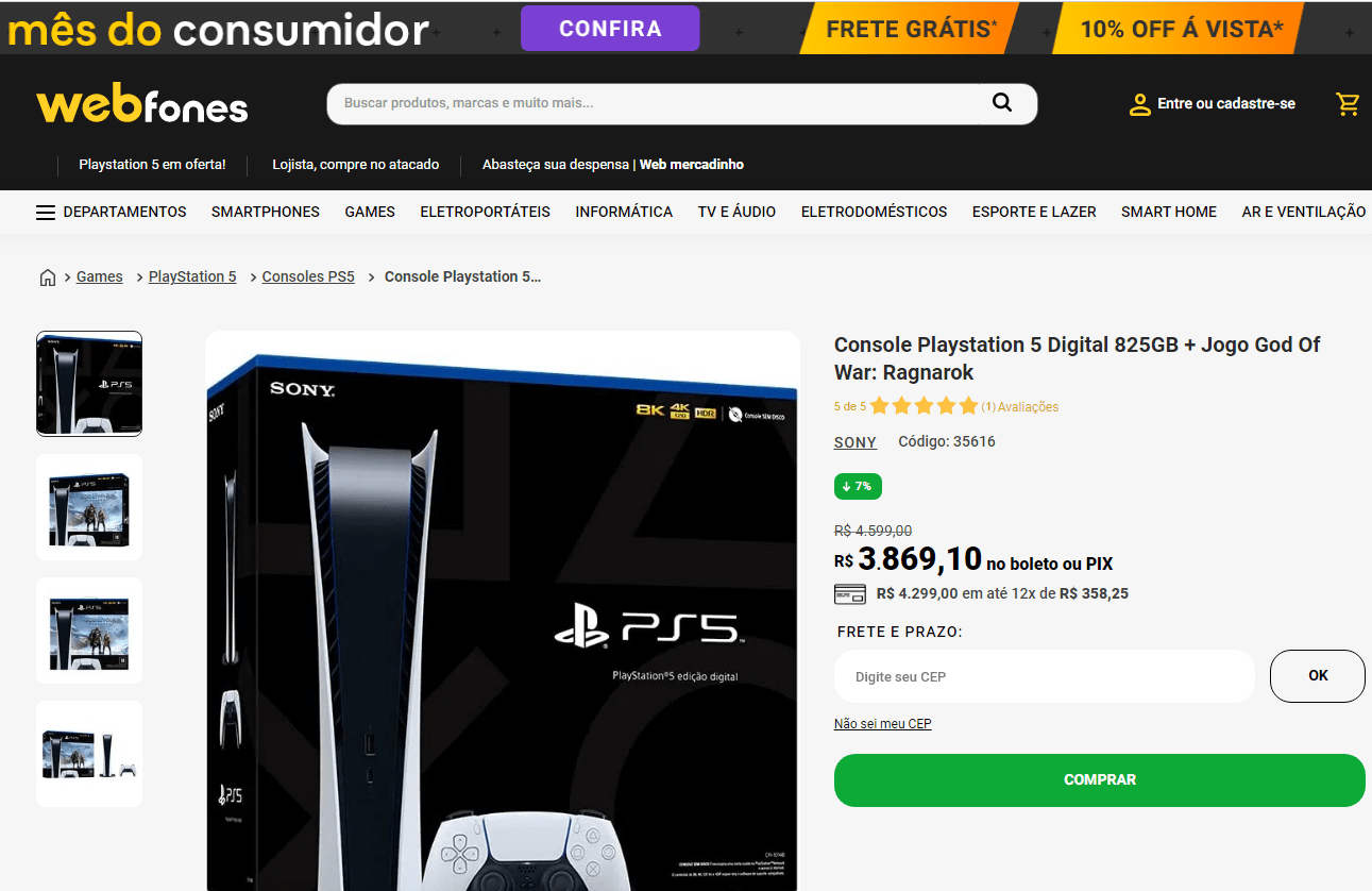 Consola PS5 (825 GB) + Jogo PS5 God Of War Ragnarök (Formato Digital) 