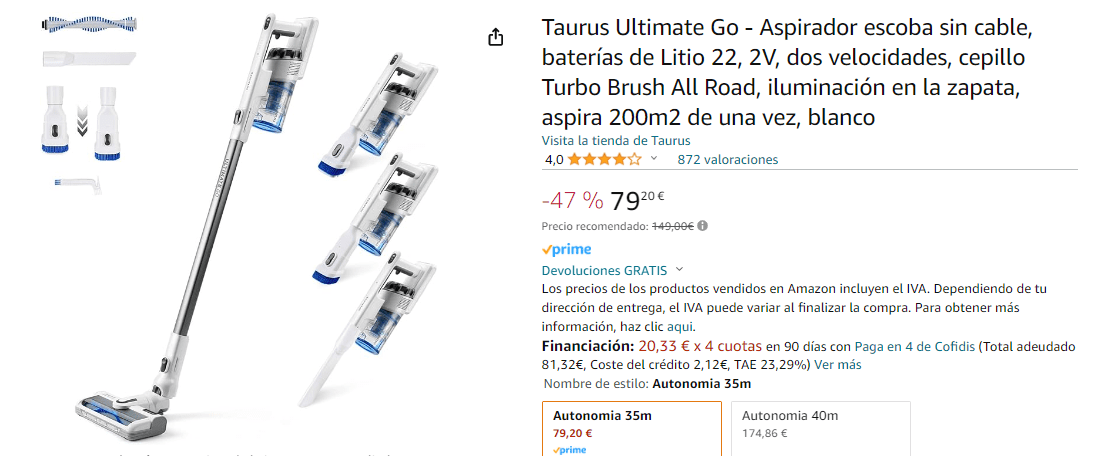 Taurus Ultimate Go - Aspirador escoba sin cable, baterías de Litio 22, 2V,  dos velocidades, cepillo Turbo Brush All Road, iluminación en la zapata,  aspira 200m2 de una vez, blanco : 