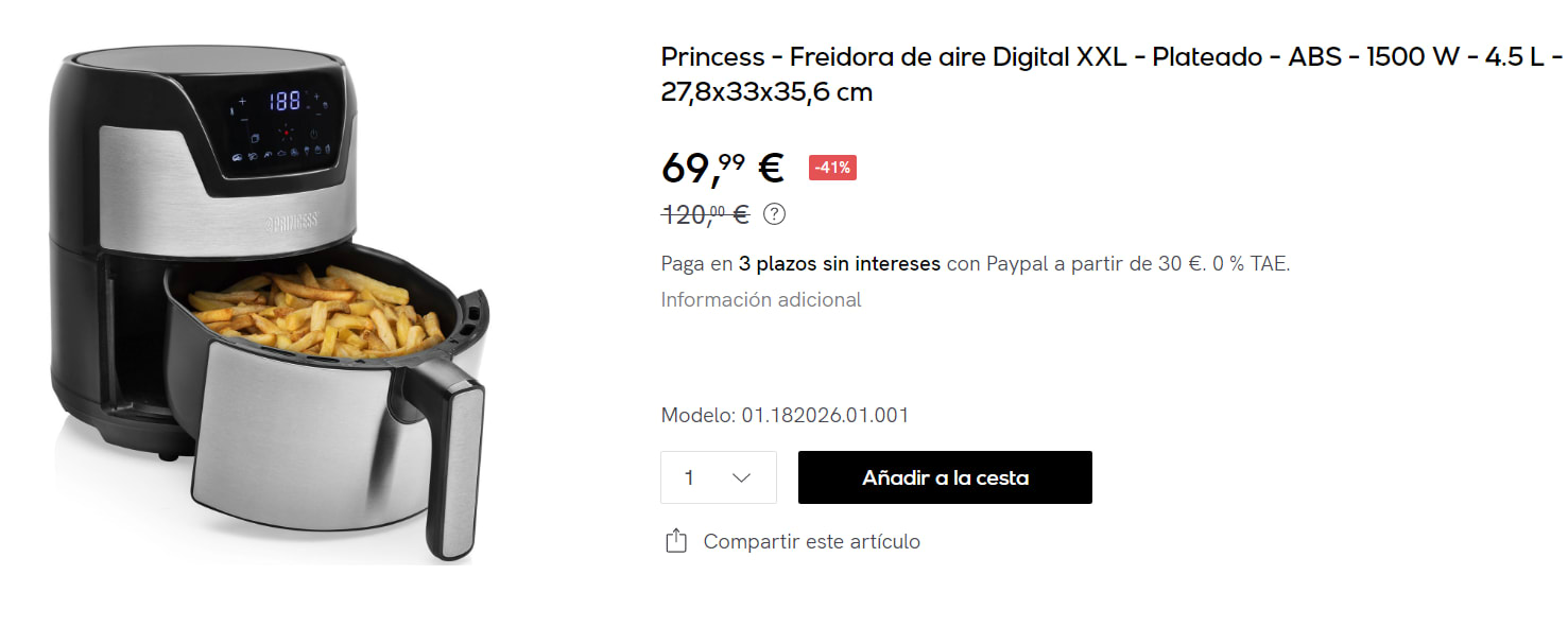 Freidora de Aire sin Aceite Princess 01.182026.01.001, 1500 W, 4.5 L -  Acero Inoxidable