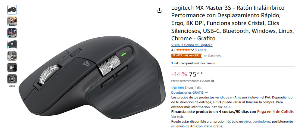 Logitech MX Master 3S Ratón Inalámbrico Performance con Desplazamiento Rápido por 75,20€