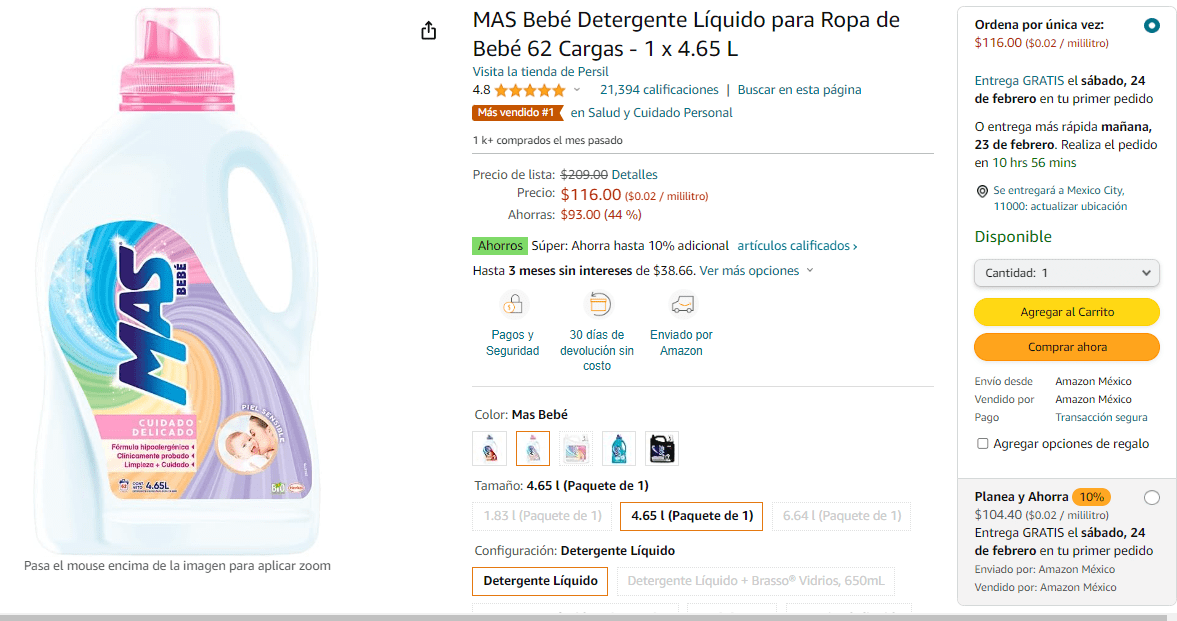 Detergente Líquido para Ropa de Bebé MAS 4.65L