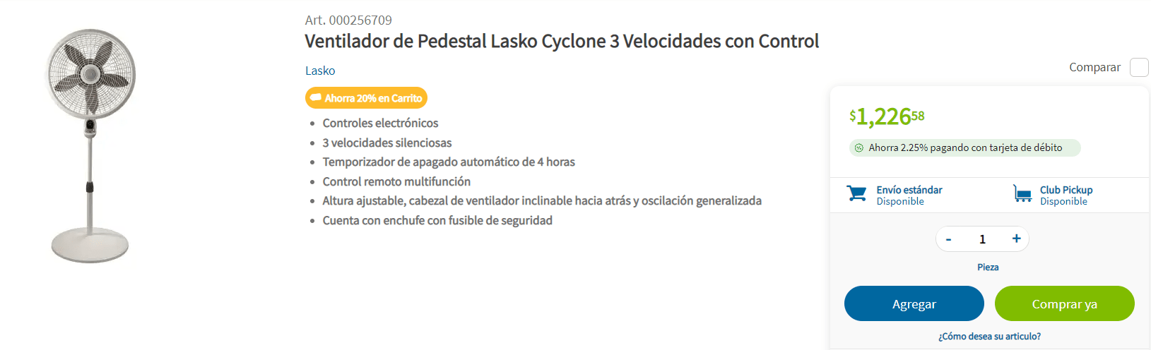 Ventilador de Pedestal Lasko Cyclone a $981 en Sam's Club