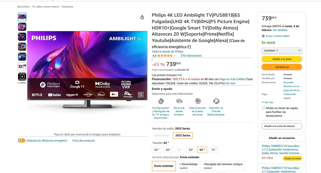 Philips 4K LED Ambilight TV, PUS8818, 65 Pulgadas, UHD 4K TV, 60Hz