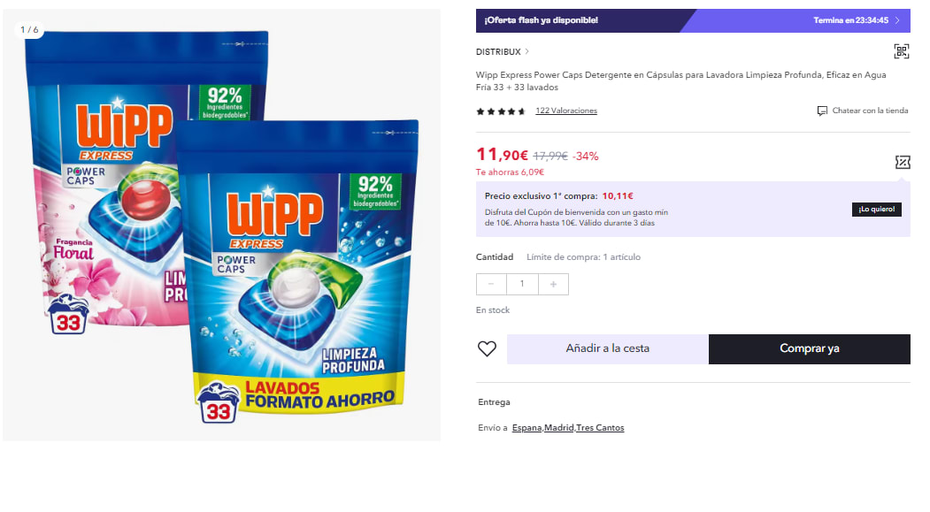 Comprar Detergente Wipp Express Limpieza Profunda Power Caps 33 cápsulas +  33 gratis Fragancia Floral