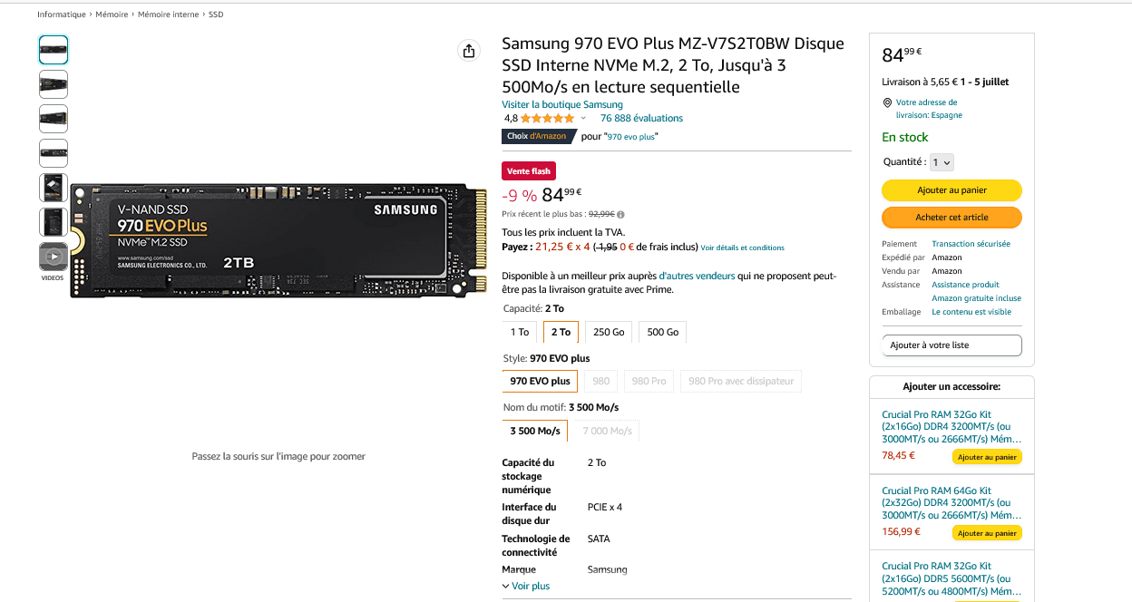 Samsung 970 EVO Plus MZ-V7S250BW | Disque SSD Interne NVMe M.2, 250 Go,  Jusqu'à 3 500Mo/s en lecture sequentielle