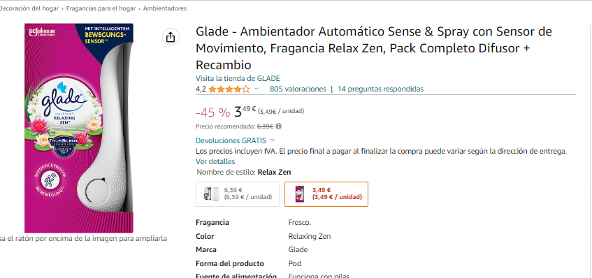 Sense & Spray ambientador automático Relax Zen recambio 2 unidades · GLADE  · Supermercado El Corte Inglés El Corte Inglés