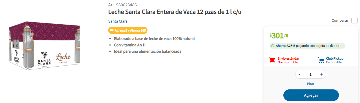 Leche Santa Clara x 2 por $ en Sam's Club