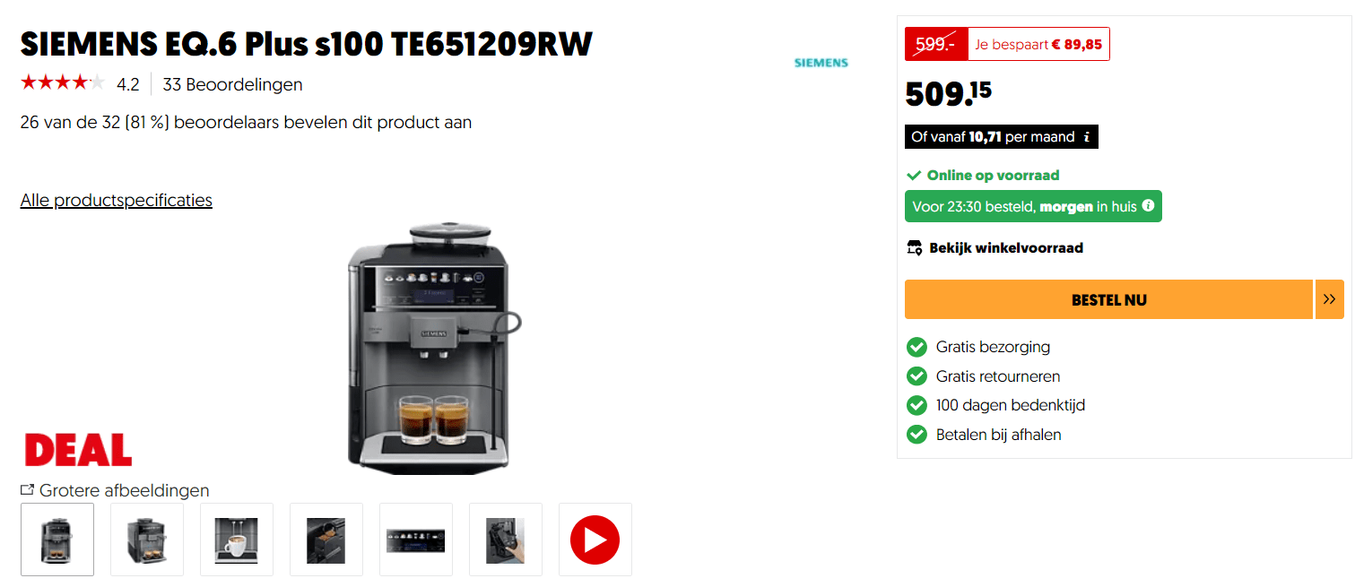 SIEMENS EQ.6 Plus s100 TE651209RW voor €509,15 Aanbiedingen Enlarged image