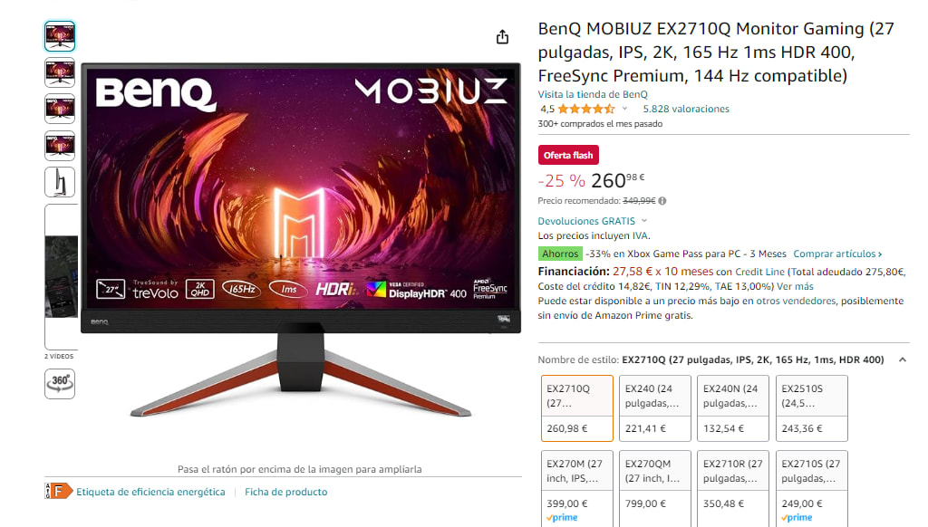 Monitor QHD 1 ms 165 Hz IPS para juegos de 27 pulgadas EX2710Q MOBIUZ