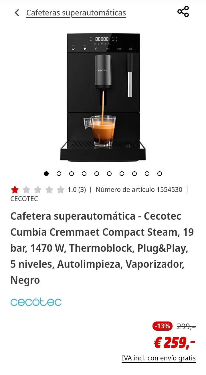 Cafetera superautomática - Cecotec Cumbia Cremmaet Compact Steam