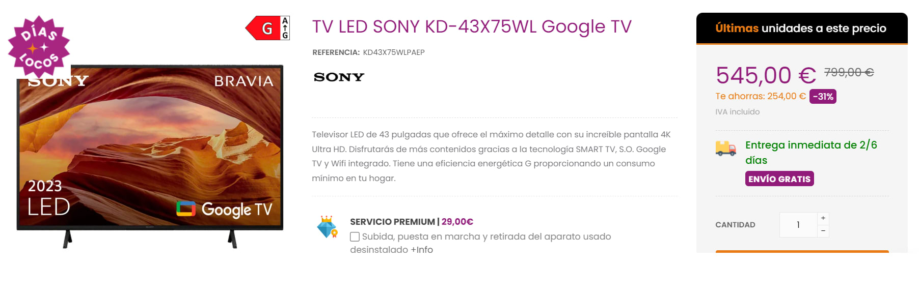 Sony KD-43X75WL, Televisor LED 43”, 4K HDR, Smart TV Google TV