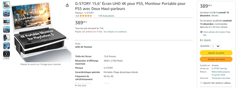 G-STORY 15,6 Écran UHD 4K pour PS5, Moniteur Portable pour PS5