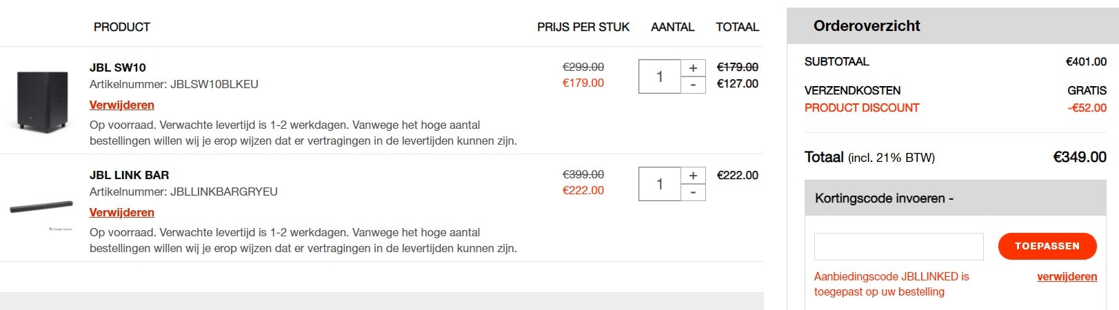 JBL SW10 + JBL link bar voor €349 door kortingscode Aanbiedingen Enlarged image