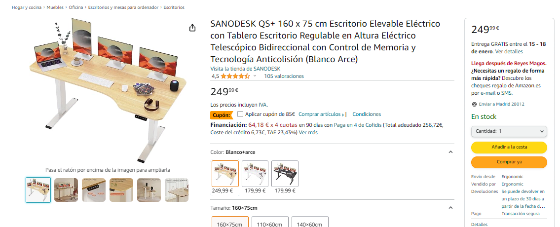 SANODESK QS+ 160 x 75 cm Escritorio Elevable Eléctrico con Tablero