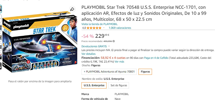 PLAYMOBIL Star Trek 70548 U,S,S, Enterprise NCC 1701, con aplicación AR,  Efectos de luz y Sonidos Originales, De 10 a 99 años : : Juguetes  y juegos