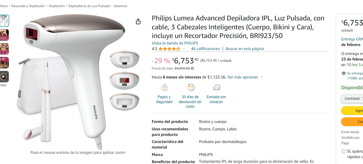 Philips Lumea Advanced Depiladora IPL, Luz Pulsada, con cable, 3 Cabezales  Inteligentes (Cuerpo, Bikini y Cara), incluye un Recortador Precisión,  BRI923/50 : : Belleza
