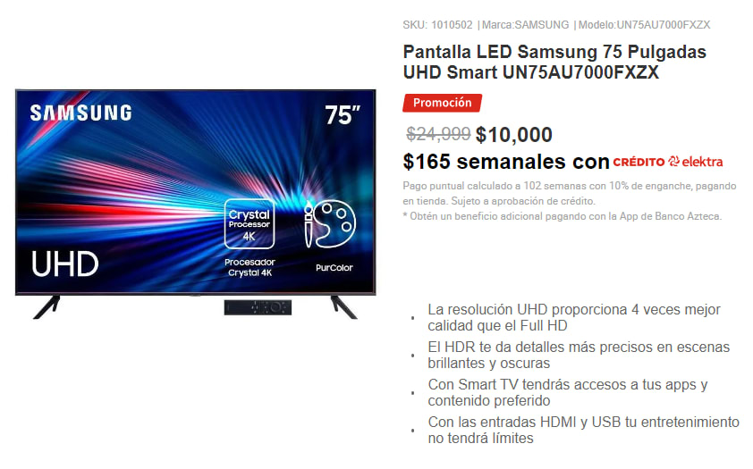 Pantalla Samsung 75 Pulg 4K LED Smart TV UN75AU7000FXZX